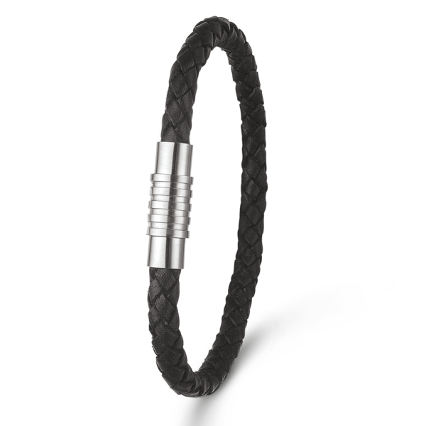 Stahlarmband 5 mm. geflochtenes Leder mit Schraub-Magnetverschluss mit Rillen. Länge 21 cm.