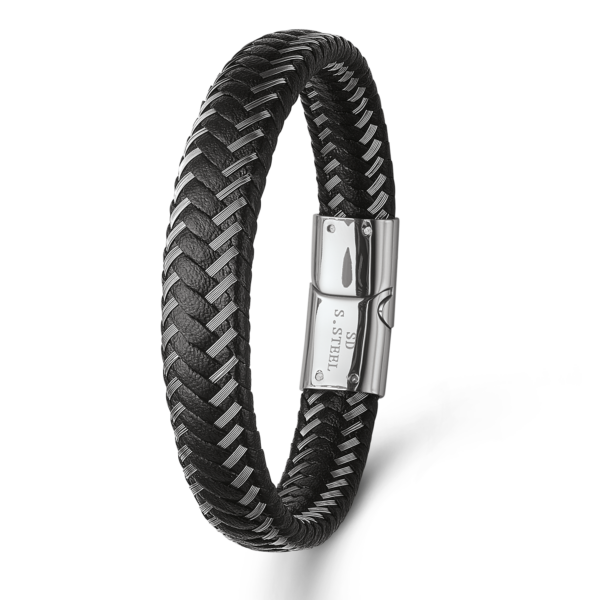 Stahlarmband geflochtenes Flachleder und Stahl 12 mm. Länge 21 cm.