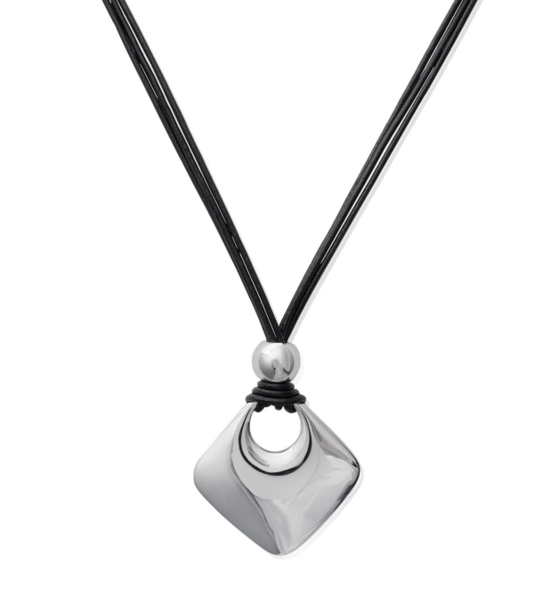 Stahlcollier quadratische Platte mit rundem Loch oben in 3-teiliger Lederkette