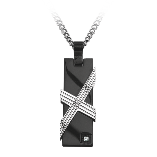 Stahlhalskette längliche schwarze Platte mit Xi-Stahl und facettierten Zirkonia.