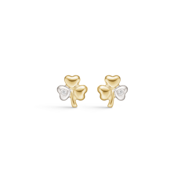 8kt. goldene Ohrstecker Rhodium Herz-Kleeblatt mit facettierten Zirkonia.