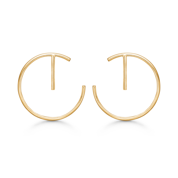 8kt. goldene Ohrstecker offener Kreis mit Linie nach unten. Abmessungen: 19,59 x 20,10 mm.