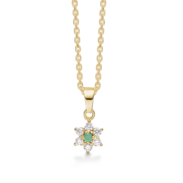 8kt. Goldkette Rose mit Smaragd und 6 facettierten Zirkonia 42-45 cm.