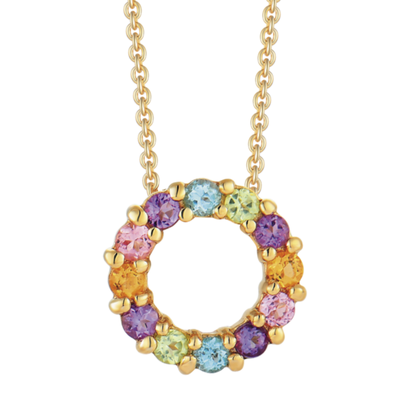 Circle Halskette aus 8 Karat Gold mit echtem Peridot, blauem Topas, Amethyst, Rosa und Turmalin