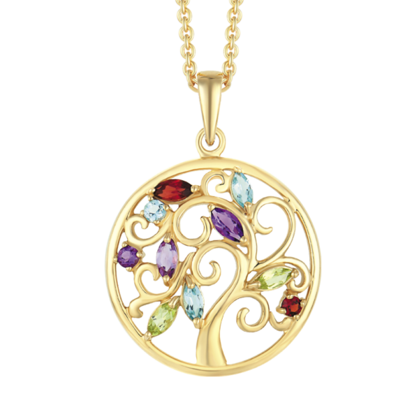 Lebensbaum Kette 8 Karat Gold, in einem Kreis mit blauem Topas, Peridot, Amethyst und Granatsteinen