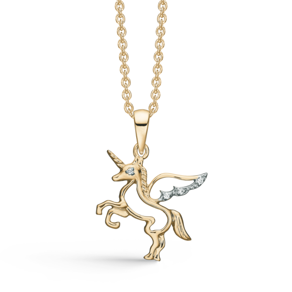 Einhornkette aus 8 Karat Gold mit Flügeln mit facettierten Zirkonia