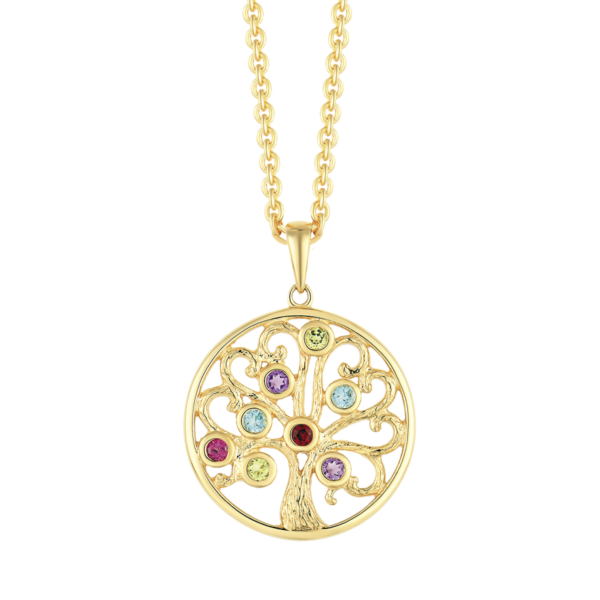 Lebensbaum Kette 14 Karat Gold mit blauem Topas, Granat, Amethyst, Rhodolith und Peridot