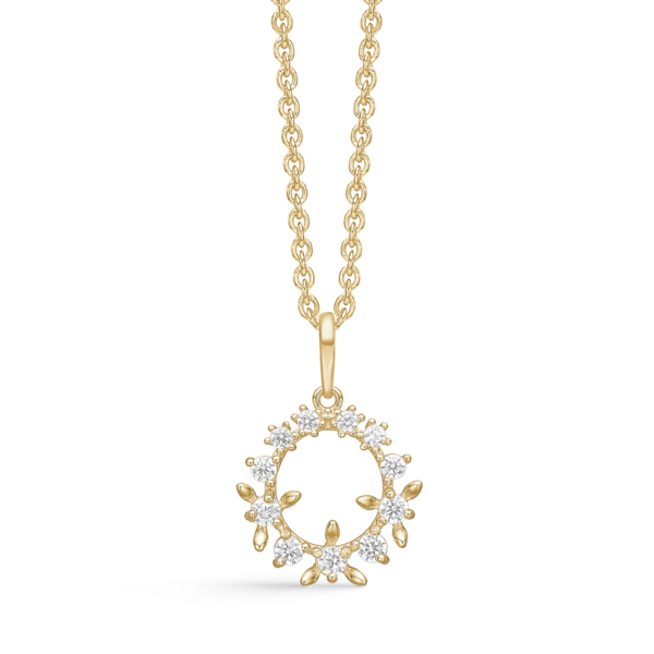 14kt. -Halskette Kreis mit 3 Blumen mit facettierten Zirkonia.