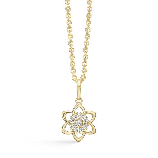 14kt. Goldhalskette Blume mit facettiertem Zirkonia.