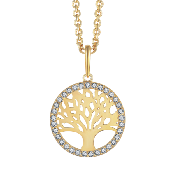 Lebensbaum Kette 14 Karat Gold Halskette Kreis, mit Zirkonia-Steinen