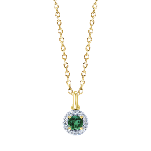 Kreisförmiger Anhänger aus 14 kt Gold mit Smaragd und Brillanten rundherum