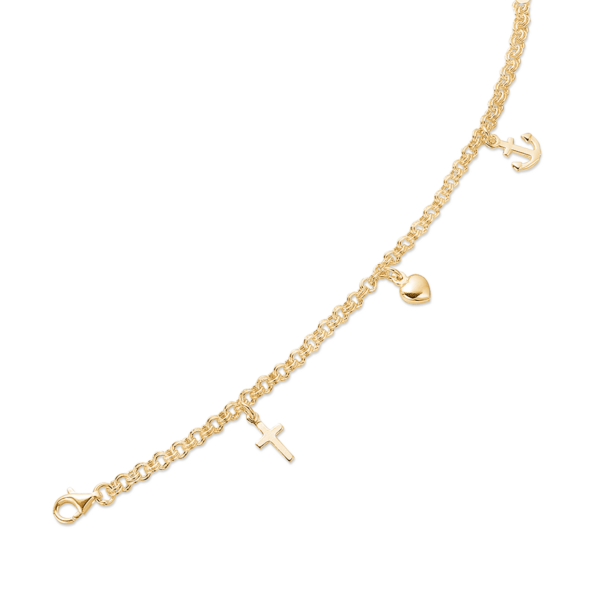 Silber vergoldetes Armband Glaube, Hoffnung und Liebe an doppelter Erbsenkette.