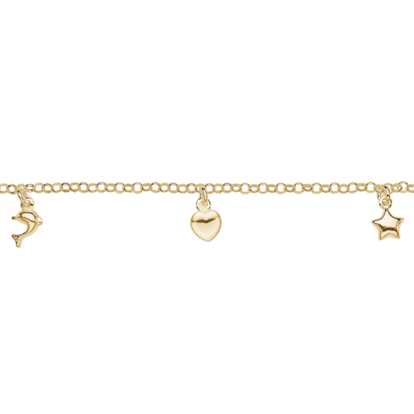 Armband aus vergoldetem Silber mit Stern, Herz und Delfin. Länge 15,4 cm.