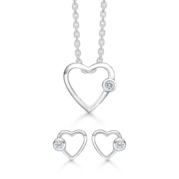 Silberschmuckset Herz mit 1 facettiertem Zirkonia im Rand.