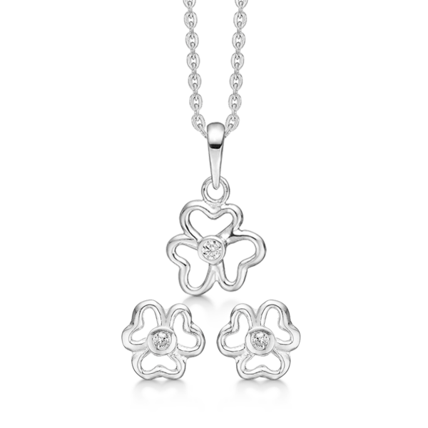 Silberschmuckset Blume aus 3 Herzen mit facettiertem Zirkonia in der Mitte.