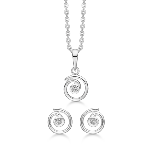 Silberschmuckset Spirale mit facettiertem Zirkonia in der Mitte.