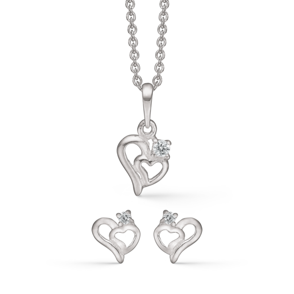 Silberschmuckset Herz mit ½-Herz mit facettiertem Zirkonia oben drauf.