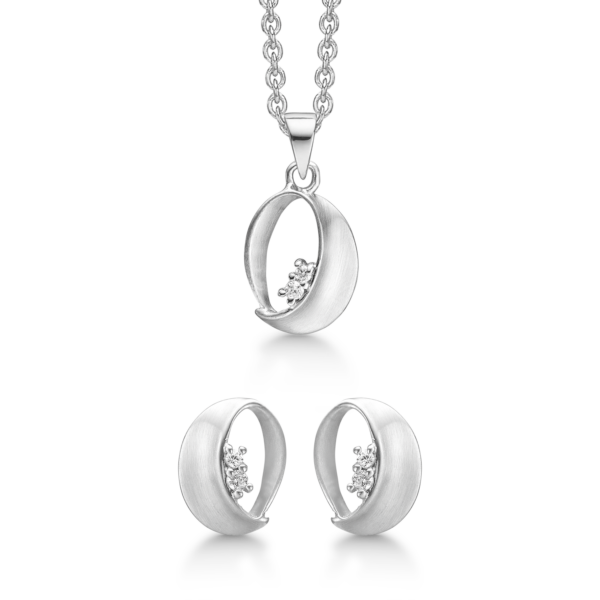 Silberschmuckset rhodiniert oval seidenmatt mit facettierten Zirkonia.
