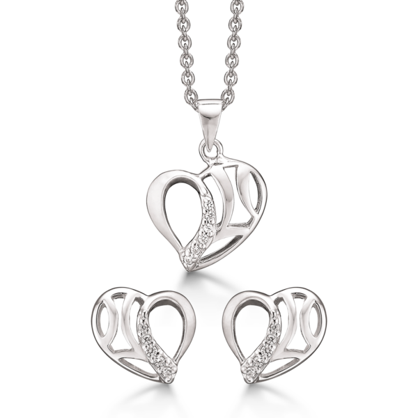 Silberschmuckset Herz mit Muster und facettierten Zirkonia.