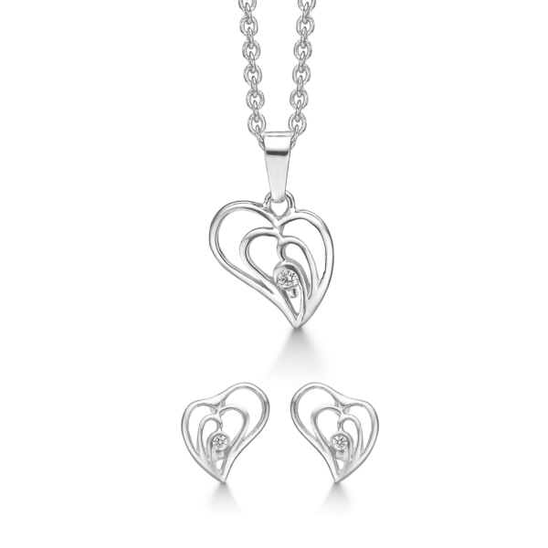 Silberschmuckset rhodiniertes Doppelherz mit facettierten Zirkonia.