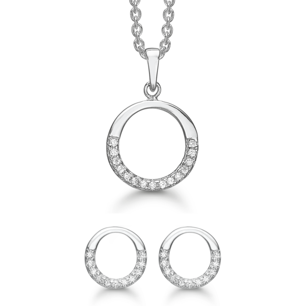 Silberschmuckset rhodinierter Kreis mit facettiertem Zirkonia halbrund.