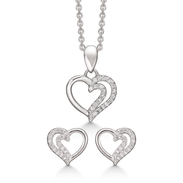 Doppelherz-Schmuckset in Silber, mit facettiertem Zirkonia auf einer Seite