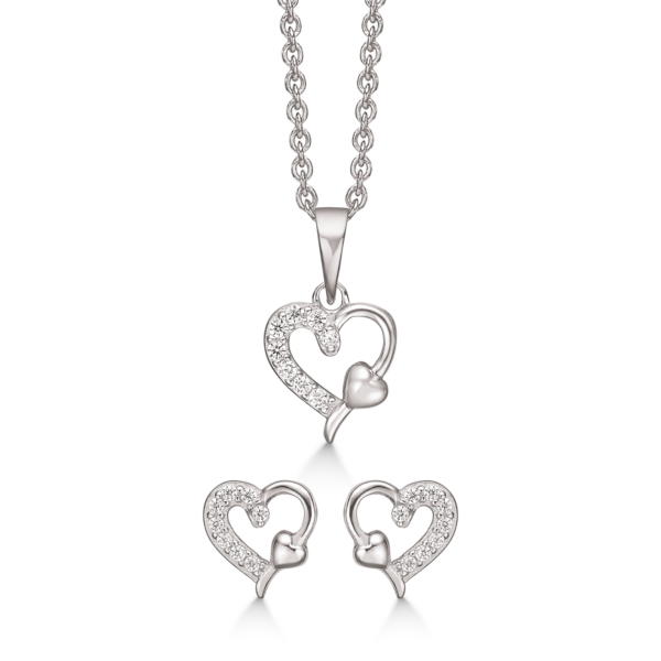 Silberschmuckset rhodiniertes Doppelherz mit facettiertem Zirkonia im großen Herz.
