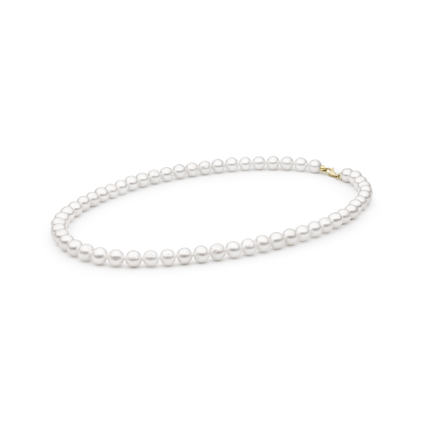 Perlenkette aus 14-karätigem Gold mit runden, echten weißen Süßwasserperlen. 50 cm