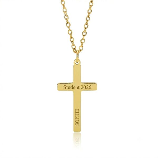 Abitur-Halskette – Wasserfeste goldfarbene Damen-Kreuz-Halskette, 13 x 21 mm, kostenlose Gravur – Abschlussgeschenk