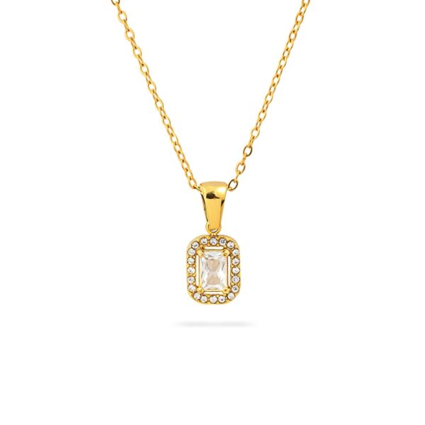 Wasserfeste rechteckige Halo-Kette mit Zirkonia in 18 Karat PVD-Gold