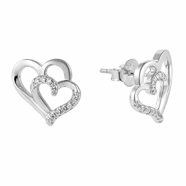 Copenhagen Smykker – Silberne Doppelherz-Ohrstecker, plattiert mit Rhodium- und Zirkonia-Steinen