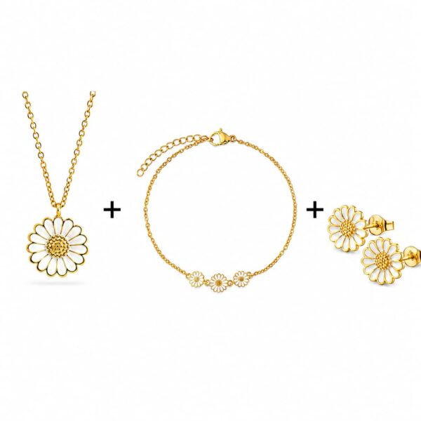 Copenhagen Smykker – Wasserfestes Gänseblümchen-Schmuckset mit Halskette, Ohrringen und Armband, 18 Karat vergoldet (PVD)