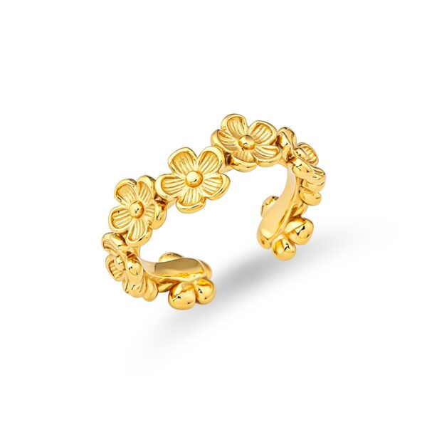 Wasserfester Blumenring mit organischen Blüten in 18 Karat PVD-Gold
