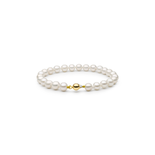 Perlenarmband aus 14-karätigem Gold mit runden, echten weißen Süßwasserperlen