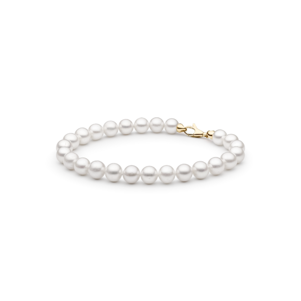Perlenarmband aus 14-karätigem Gold mit runden, echten weißen Süßwasserperlen. 19 cm